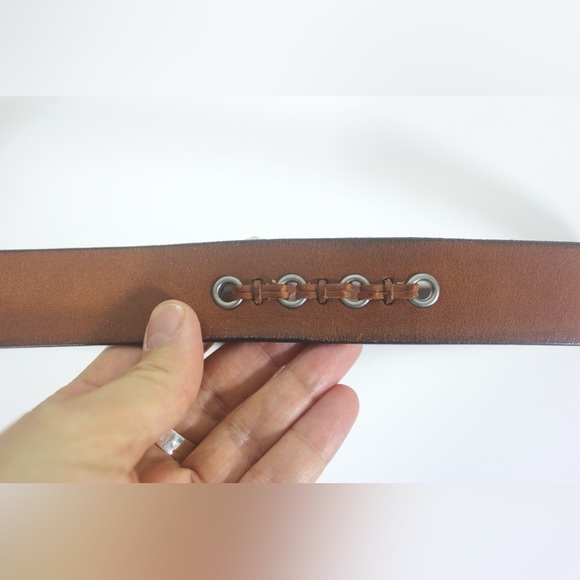 Cognac Brown Rustic Leather Belt with Silver Buckle and Topstitching Distressed - Picture 5 of 8